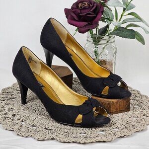 American Living Black Suede Gold Interior US 8.5 Open Toed Bow 3" Heeled Shoes